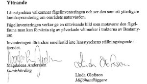 Yttrande - fågelinventering